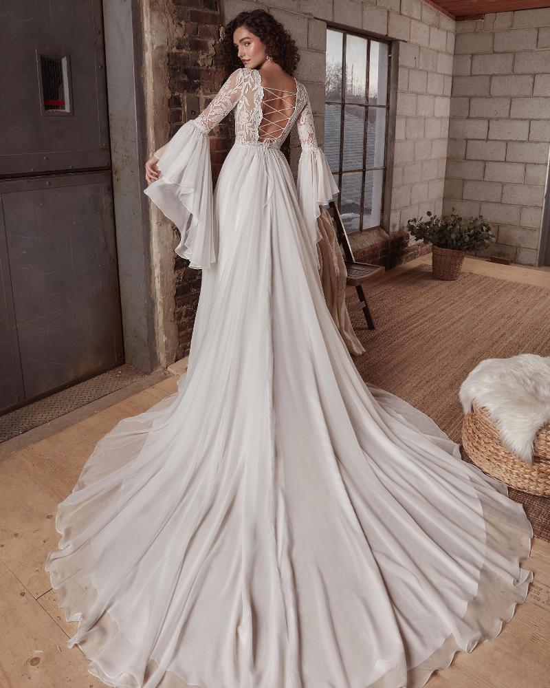 Lp2132 high neck boho wedding dress with bell sleeves and open back2
